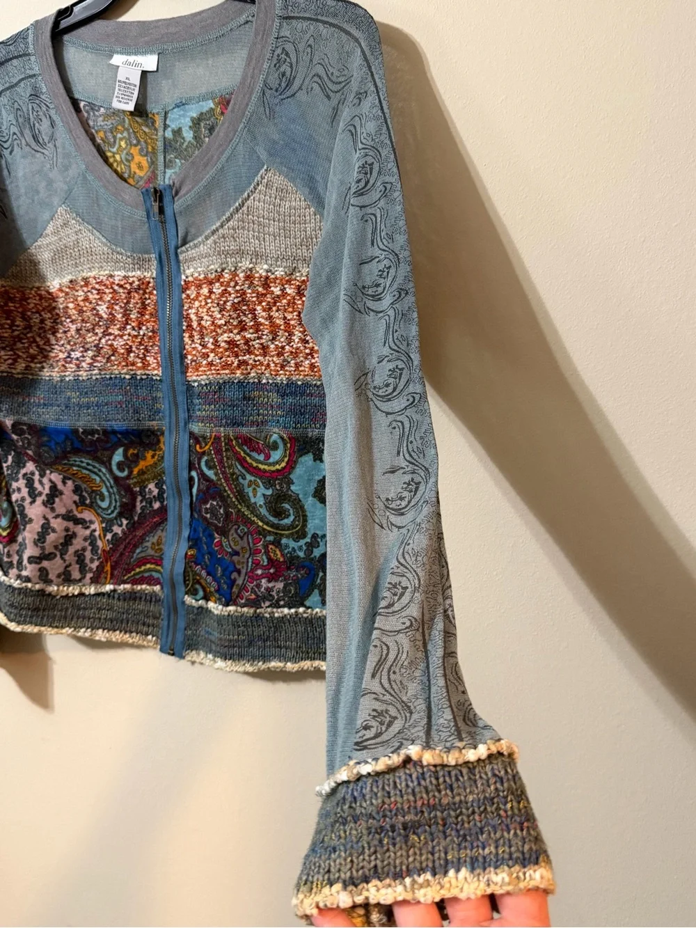 Dalin Boho Patchwork Paisley Zip-Up Cardigan Sweater XL